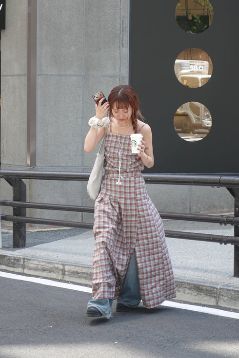 チェックスリットボタンスカート